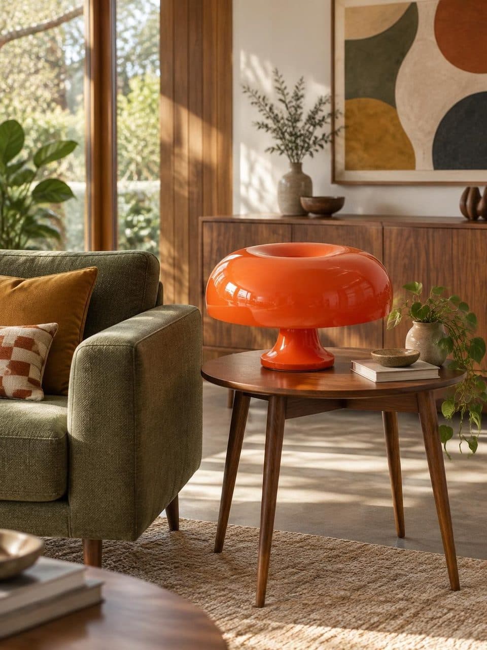 Lámpara de mesa Nesso en un ambiente Mid-century, de día